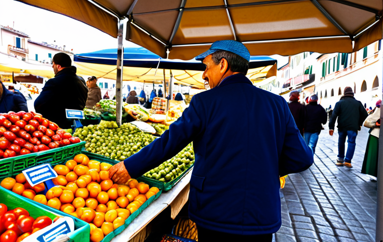 Bustling Italian Market Scene**

"A vibrant and colorful Italian market scene, daytime. A friendly vendor, fully clothed in appropriate attire, is selling fresh produce. A customer, also fully clothed and wearing modest clothing, is handing over euro coins. The scene captures the energy of a busy marketplace. safe for work, appropriate content, professional photography, perfect anatomy, correct proportions, well-formed hands, natural body proportions, family-friendly."

**