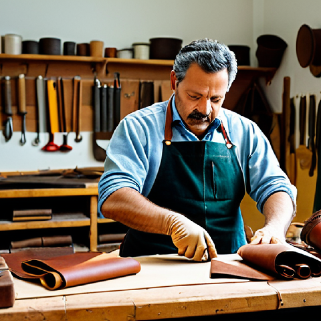 이탈리아어 패션 및 디자인 용어 - "Fatto a Mano" Leather Workshop**
"A master leather craftsman in a brightly lit workshop, meticulou...