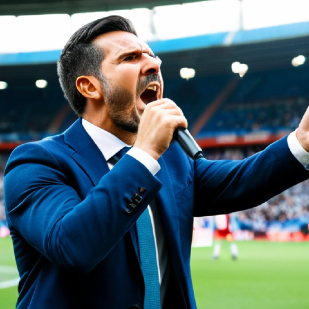 이탈리아어 스포츠 중계 표현 - **Prompt:** A soccer commentator, wildly gesturing with his hands, passionately yelling into a micro...