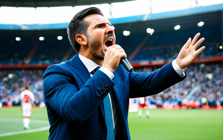 이탈리아어 스포츠 중계 표현 - **Prompt:** A soccer commentator, wildly gesturing with his hands, passionately yelling into a micro...