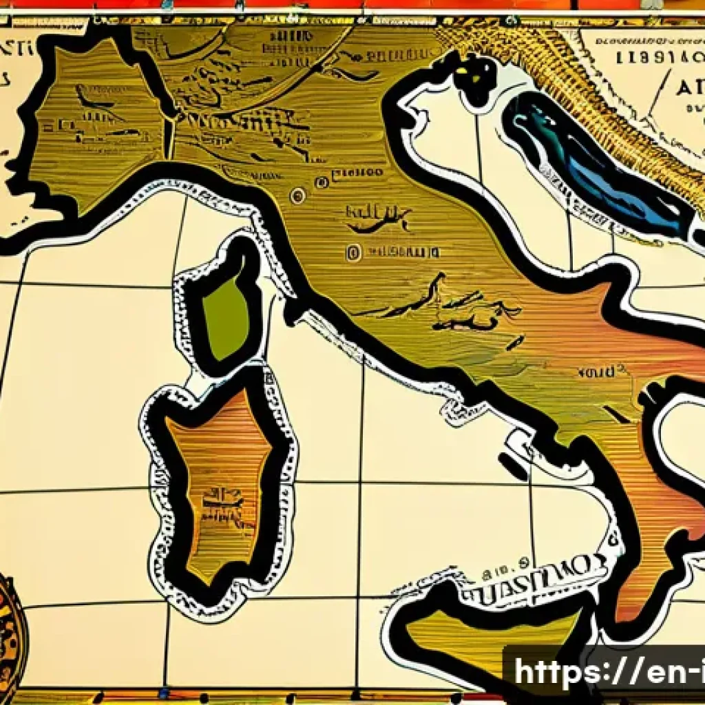 이탈리아어 표준어와 사투리 - **Prompt:** A vibrant, multi-layered historical map of Italy, depicted as an ancient scroll or parch...