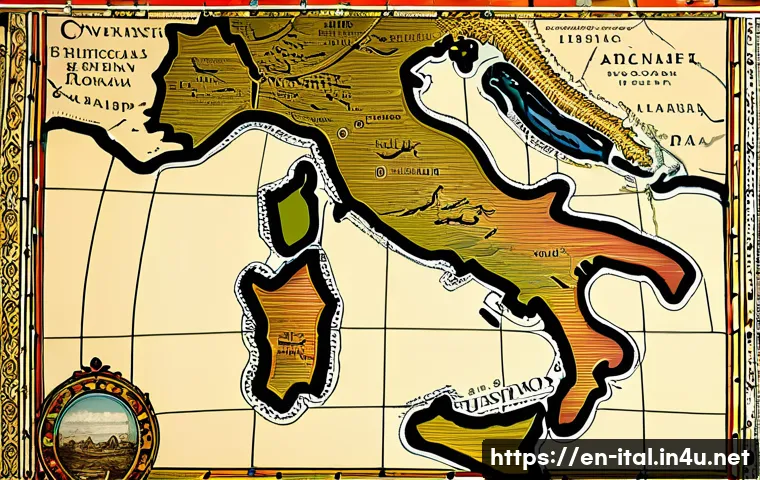 이탈리아어 표준어와 사투리 - **Prompt:** A vibrant, multi-layered historical map of Italy, depicted as an ancient scroll or parch...