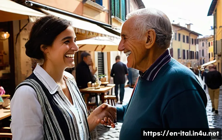 이탈리아어 인사말과 일상 표현 - A lively street scene in a historic Italian town during daytime, featuring diverse locals warmly gre...