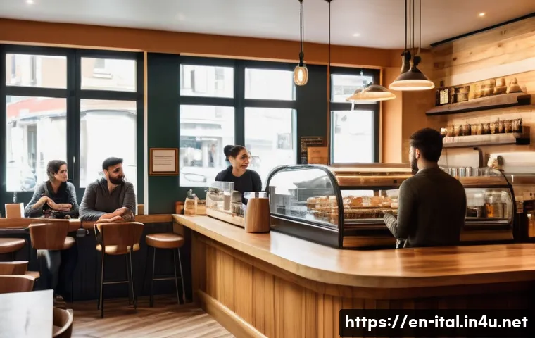 이탈리아어 전치사 사용법 - A cozy Italian caf&eacute; scene showing a young adult ordering coffee at the bar, with detailed interior e...