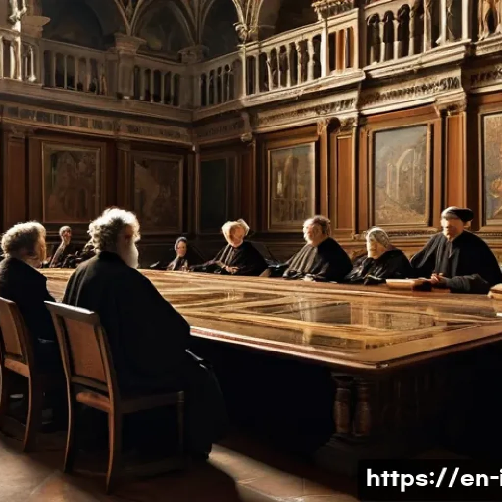 이탈리아어 철학 및 정치 용어 - A detailed Renaissance-era Italian city-state council chamber scene, showing elegantly dressed male ...