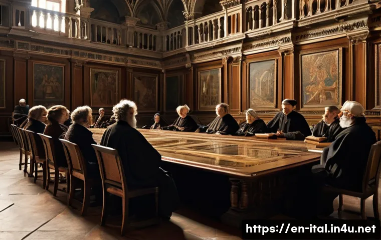 이탈리아어 철학 및 정치 용어 - A detailed Renaissance-era Italian city-state council chamber scene, showing elegantly dressed male ...