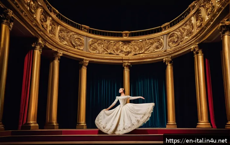 이탈리아어 속 음악 및 오페라 가사 - A grand Italian opera stage scene capturing a soprano in an elegant, flowing gown with delicate lace...