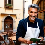 Home 20 이탈리아어 회화 필수 표현 - A vibrant Italian café scene in the morning light, featuring a friendly barista serving a steaming e...