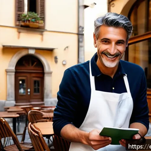 Home 32 이탈리아어 회화 필수 표현 - A vibrant Italian café scene in the morning light, featuring a friendly barista serving a steaming e...