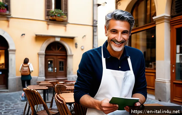 이탈리아어 회화 필수 표현 - A vibrant Italian café scene in the morning light, featuring a friendly barista serving a steaming e...