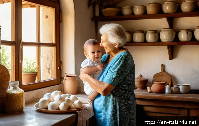 이탈리아어로 감정 표현의 미묘한 차이 - A warm Italian family scene in a cozy rustic kitchen, an elderly Italian grandmother smiling tenderl...
