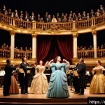 Home 18 이탈리아어 음악 및 예술 용어 - A grand Italian opera stage scene featuring a soprano in elegant period costume with a flowing gown ...