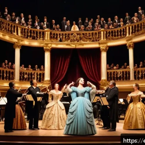 Home 30 이탈리아어 음악 및 예술 용어 - A grand Italian opera stage scene featuring a soprano in elegant period costume with a flowing gown ...