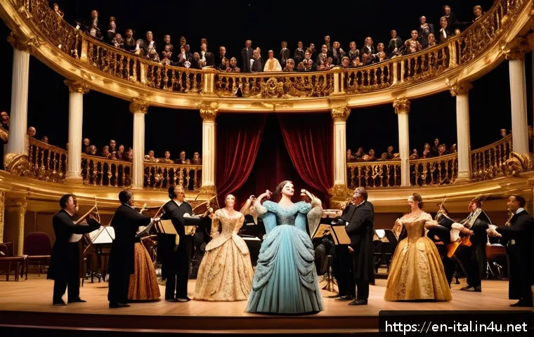 이탈리아어 음악 및 예술 용어 - A grand Italian opera stage scene featuring a soprano in elegant period costume with a flowing gown ...
