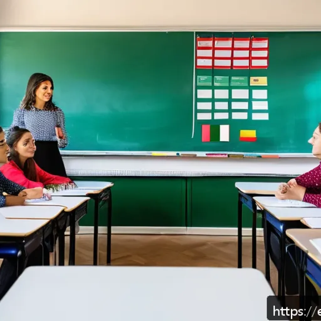 이탈리아어 발음 교정법 - A vibrant classroom scene with a diverse group of adults practicing Italian pronunciation, focusing ...