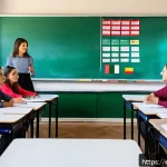 Home 23 이탈리아어 발음 교정법 - A vibrant classroom scene with a diverse group of adults practicing Italian pronunciation, focusing ...
