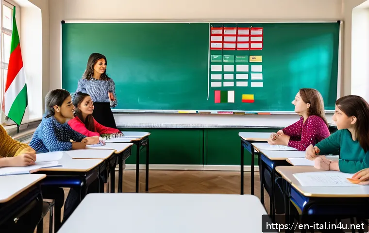 이탈리아어 발음 교정법 - A vibrant classroom scene with a diverse group of adults practicing Italian pronunciation, focusing ...