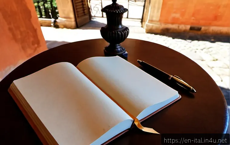 Home 17 이탈리아어와 바티칸 라틴어 - Photorealistic sunlit study table in Rome, an open antique-style book with intentionally blank cream...