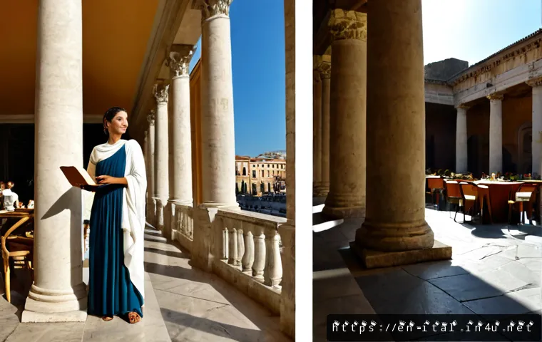 이탈리아어와 라틴어 차이점 - Photorealistic split-scene comparison: a modern Italian woman speaking warmly at a sunlit Roman café...